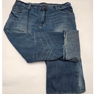Y2K American Eagle Low Rise Bootcut Jeans Mens 38x32 Blue Frayed Hem Cotton